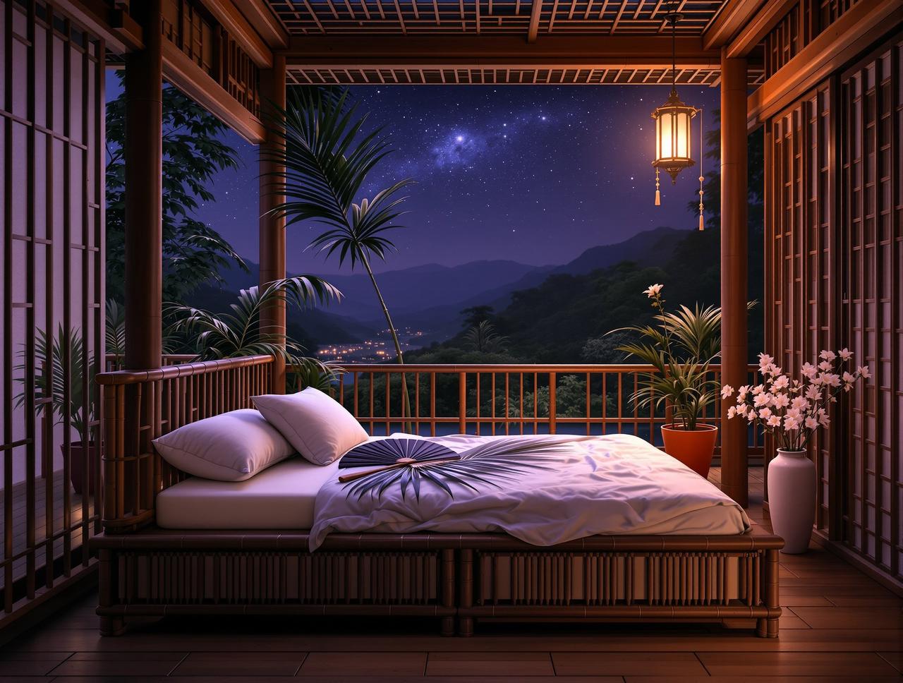 夏天的竹床和蒲扇